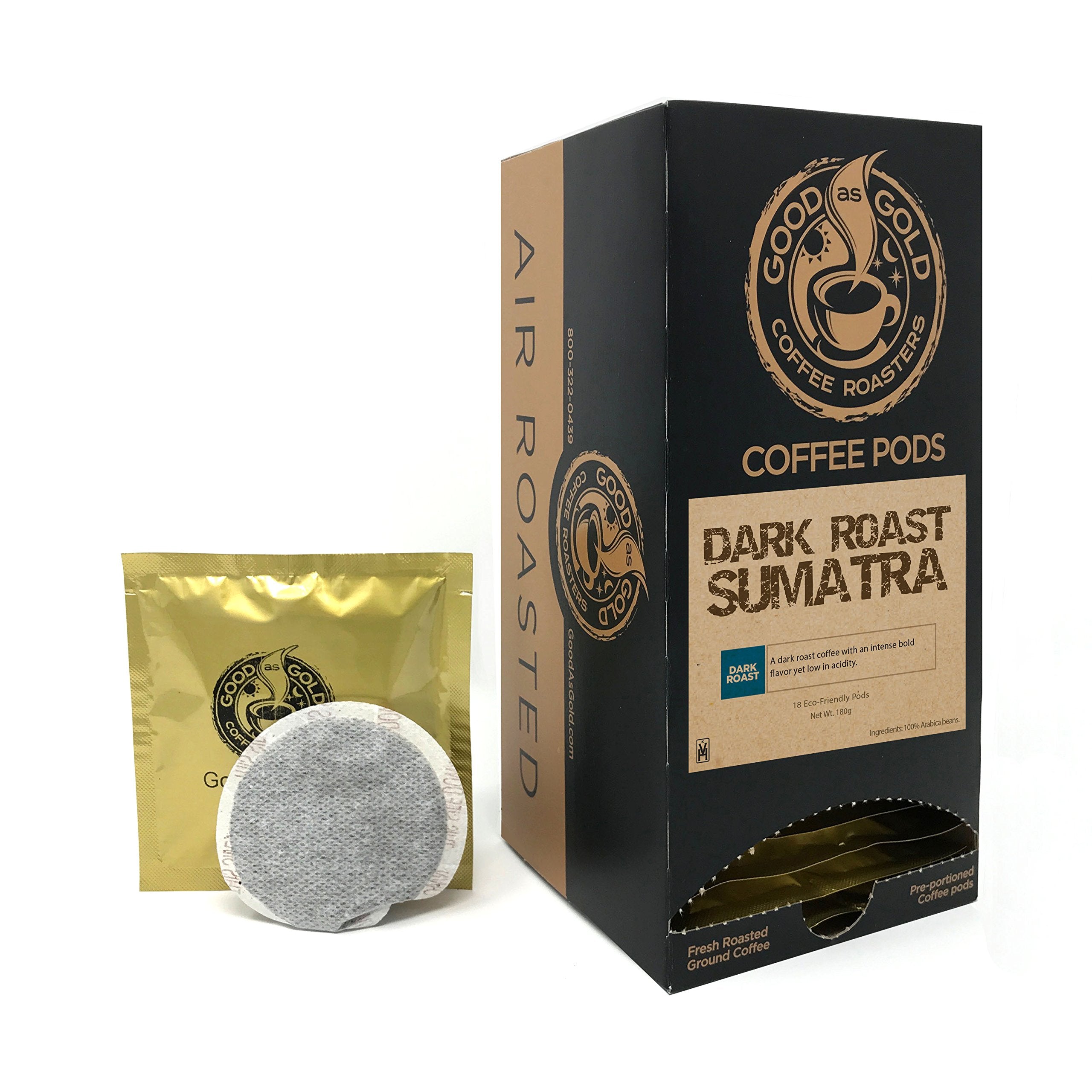 Good As Gold Sumatra Dark Roast coffee pod box for home use with bold, smooth flavor
