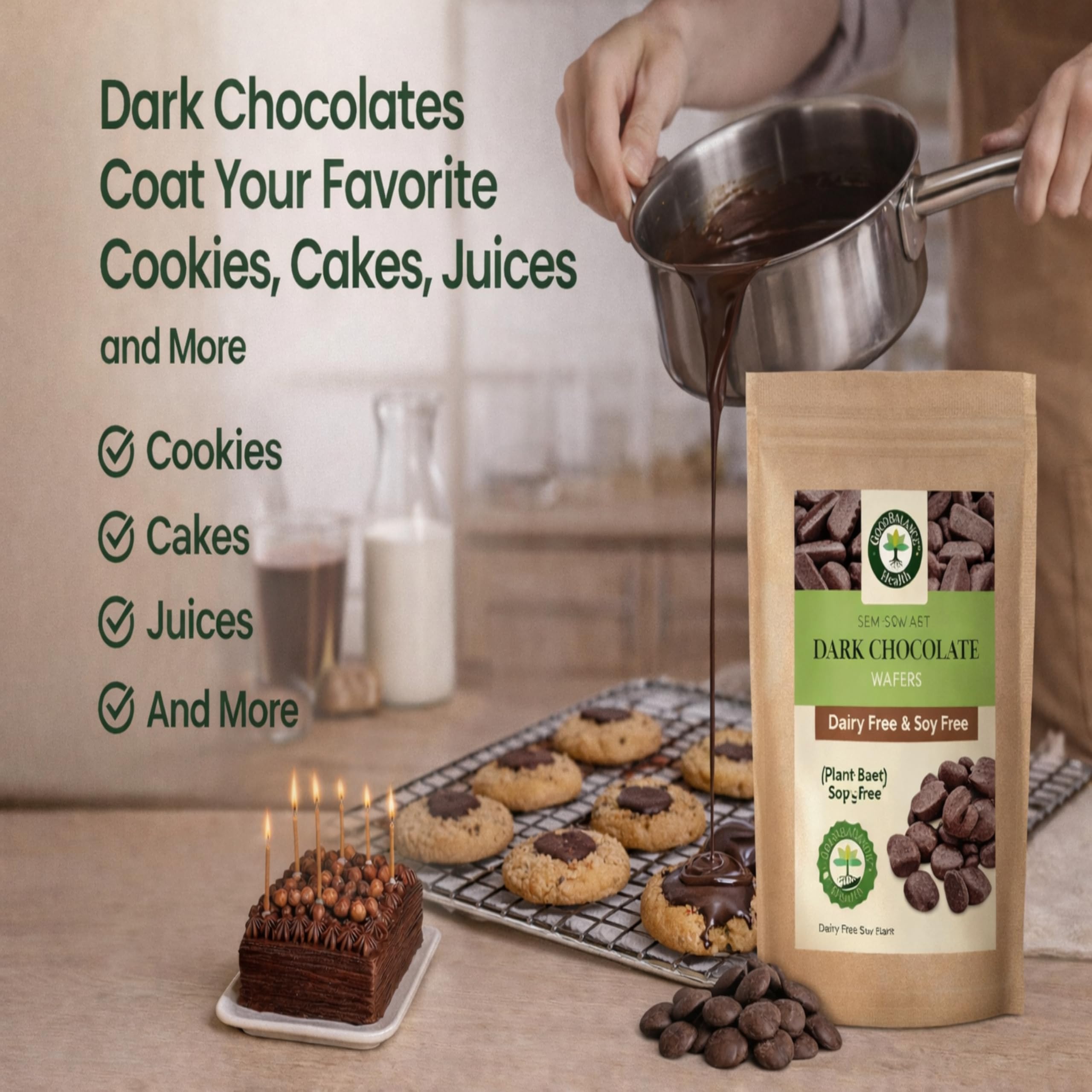 Close-up of Good Balance ingredients highlighting dairy-free and soy-free chocolate