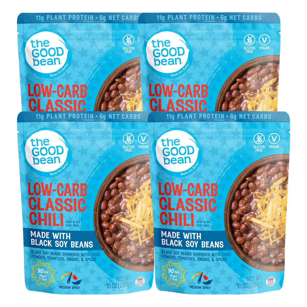 The Good Bean Heat and Eat pouch with black soybeans in chili, protein-rich ready meal.
