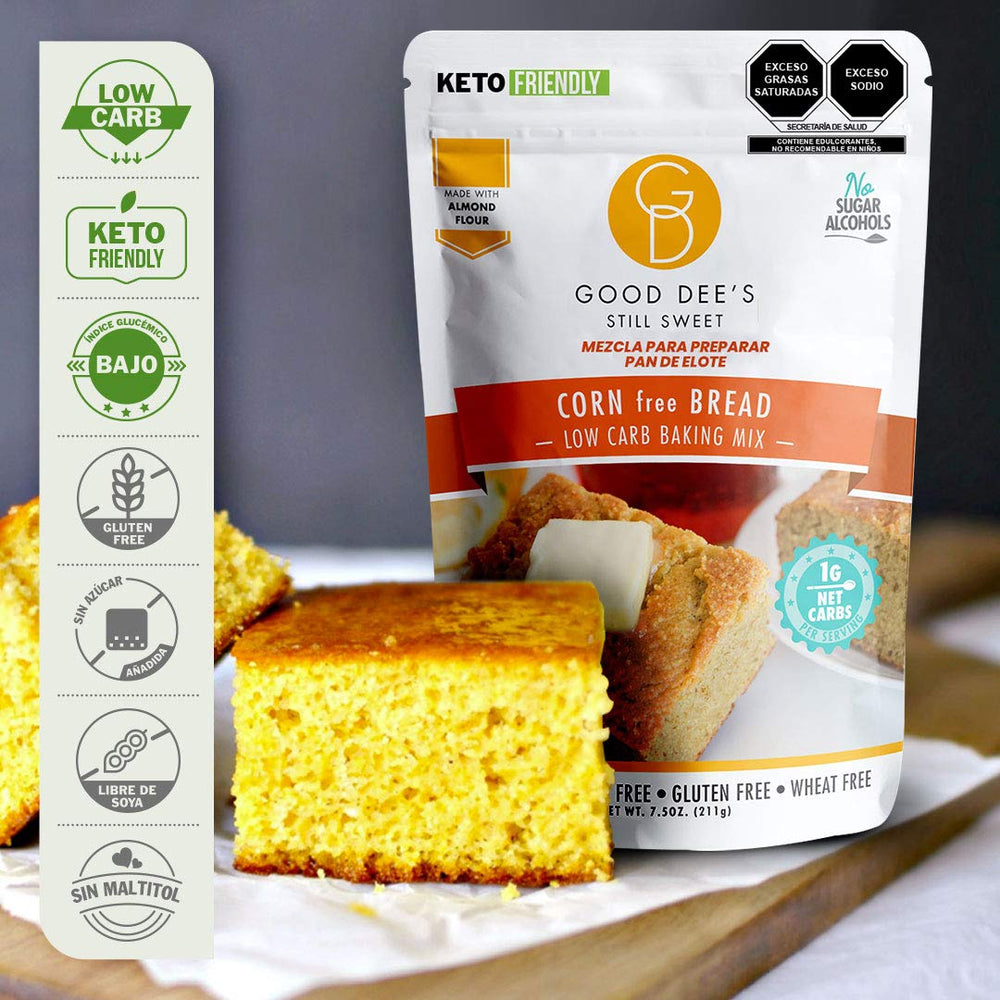 Good Dee's Corn Bread Mix dry ingredients with almond flour for grain-free texture.