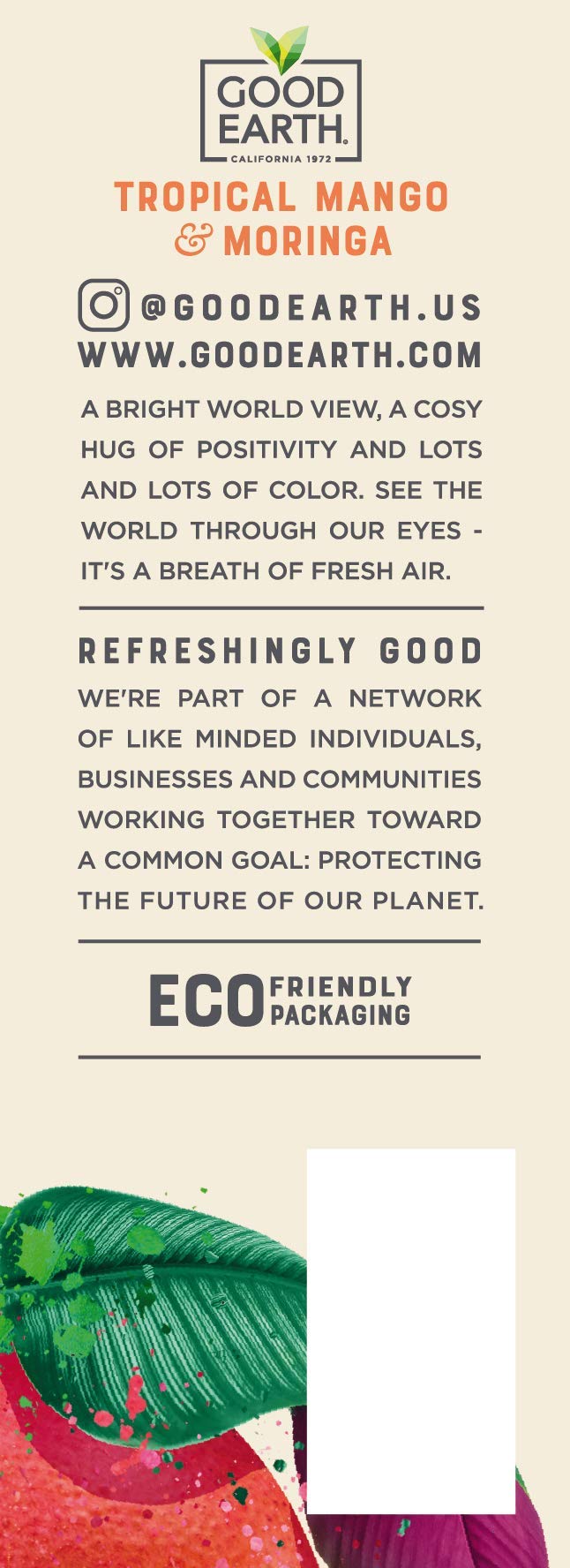 Good Earth recyclable carton packaging signals eco-friendly sourcing and responsible tea packaging.