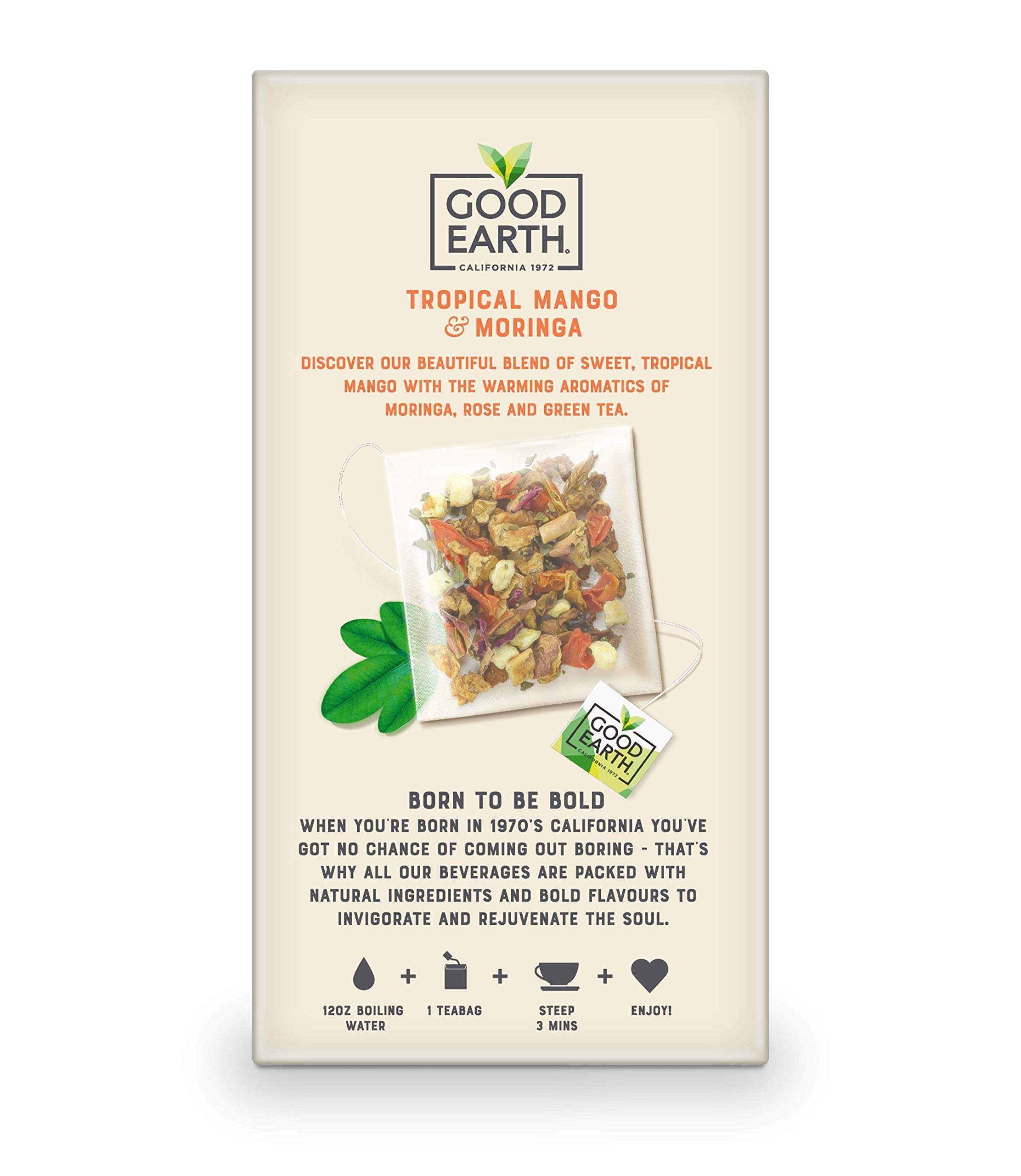 Good Earth moringa rose green tea blend close-up highlighting natural flavors and vibrant leaves.