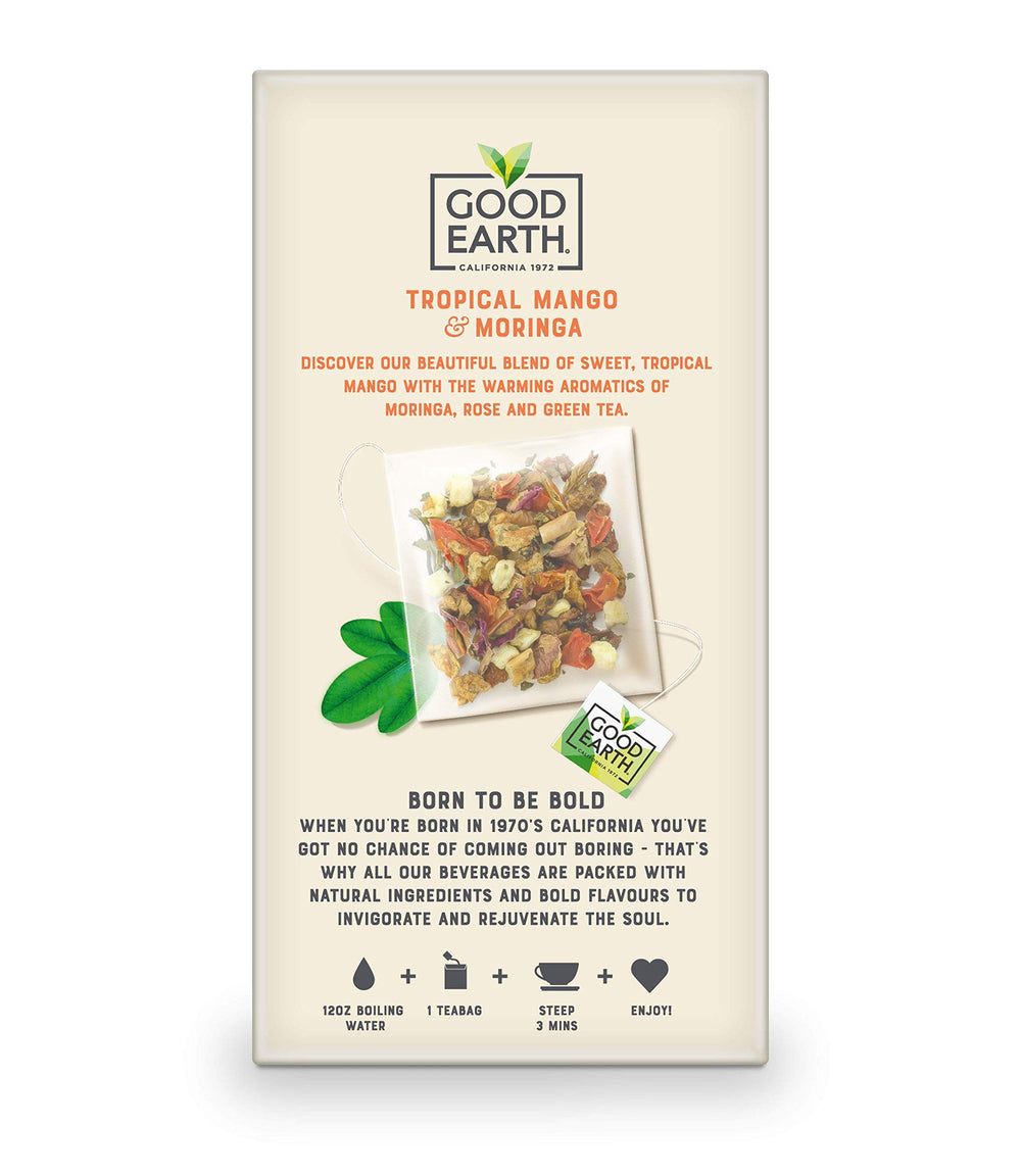 Good Earth moringa rose green tea blend close-up highlighting natural flavors and vibrant leaves.