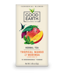 Good Earth Sensorial Blends Tropical Moringa Mango tea bag brewing a fragrant cup.