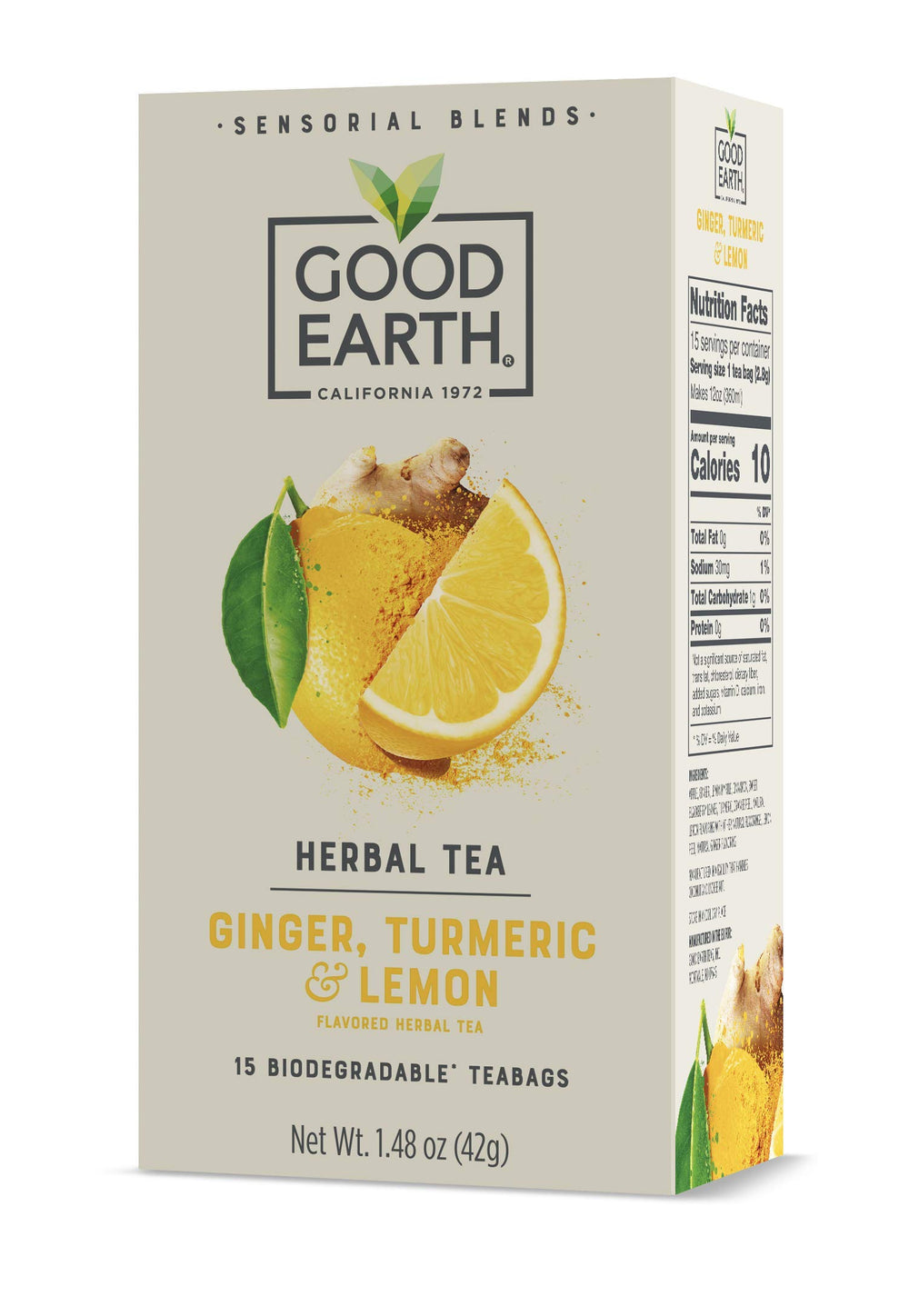 Good Earth Sensorial Blend ginger-turmeric-lemon tea cup with steam releasing aroma