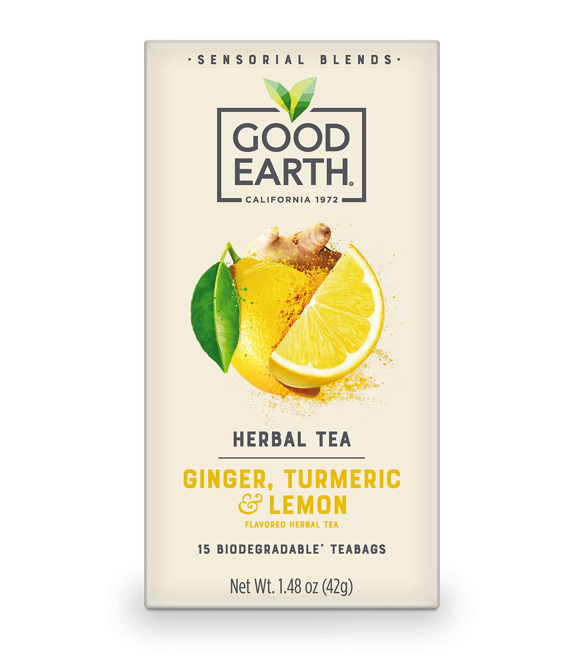 Good Earth Sensorials ginger-turmeric-lemon tea box with bold, citrusy aroma.