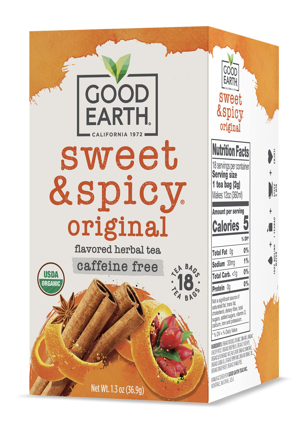Good Earth Tea Co organic sweet spicy tea bags in packaging for easy brewing.