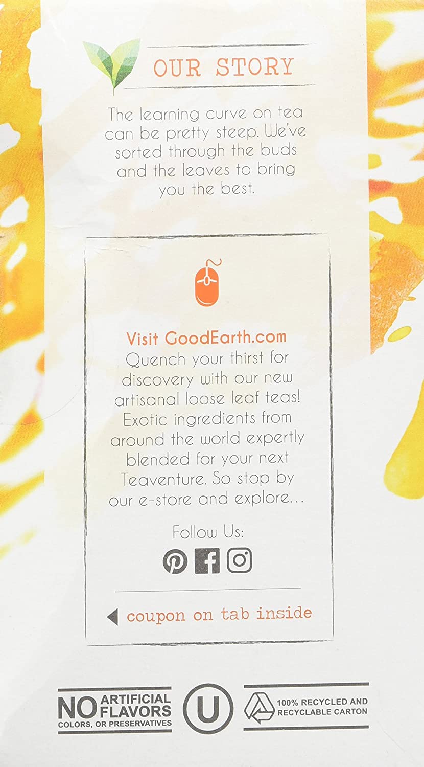Good Earth Tea Co. Organic Sweet & Spicy herbal blend with steam rising from a cup