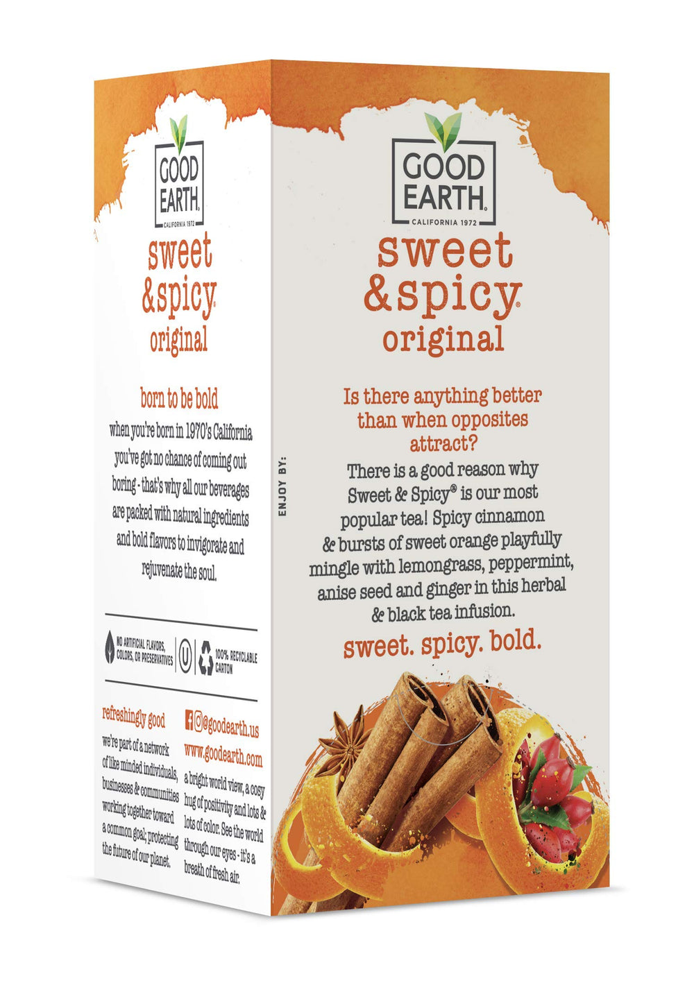 Good Earth Tea Co. tea bags steeping in mug release cinnamon orange aroma.