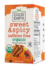 Good Earth Tea Co. Sweet & Spicy teabags in a 6-pack box for a caffeine-free evening.