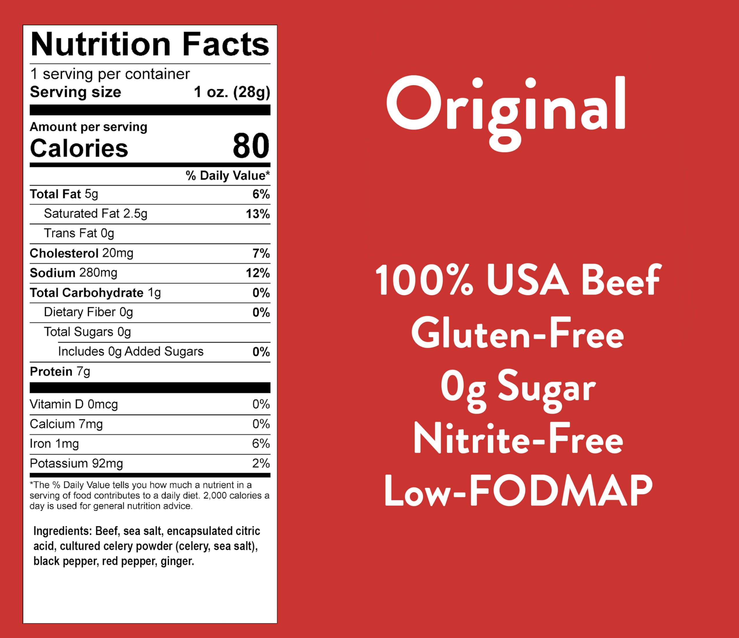Good Fod Foods Original Meat Sticks ingredients label, gluten-free and zero sugar