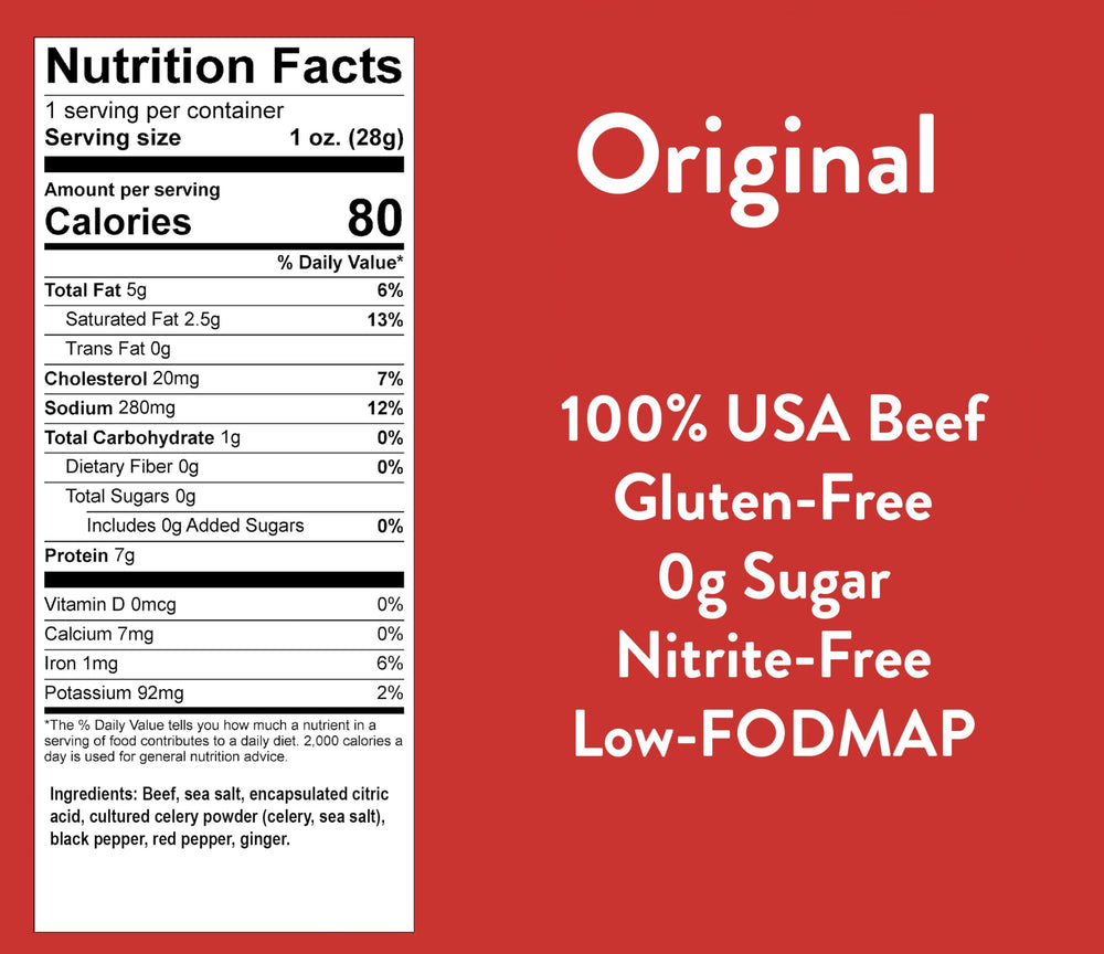 Good Fod Foods Original Meat Sticks ingredients label, gluten-free and zero sugar