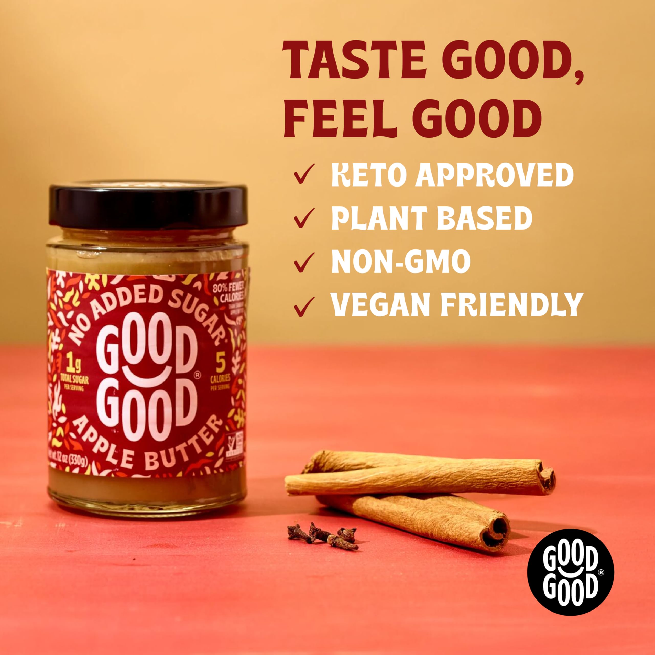 Good Good Apple Butter glass jar on shelf suggests convenient, low-sugar spread