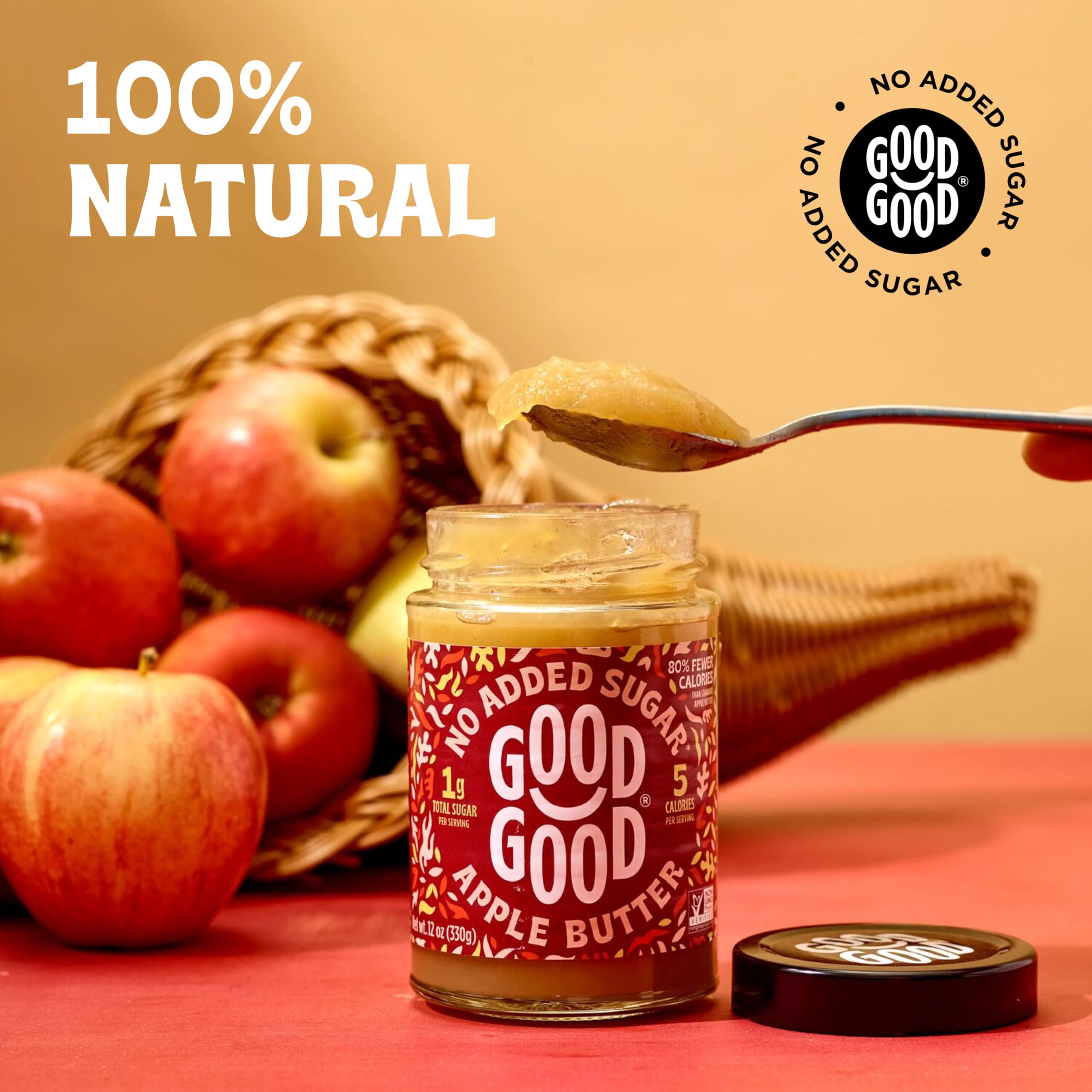 Good Good Apple Butter label detail emphasizes gluten-free, vegan-friendly ingredients