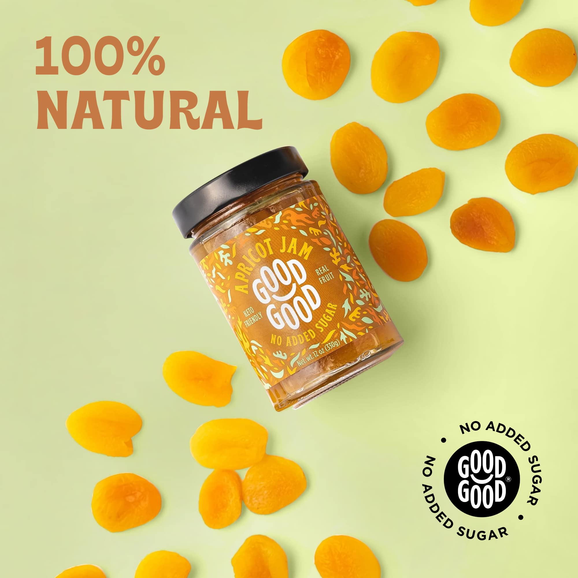 Good Good Apricot Jam glossy jar closeup showing natural fruit sweetness.