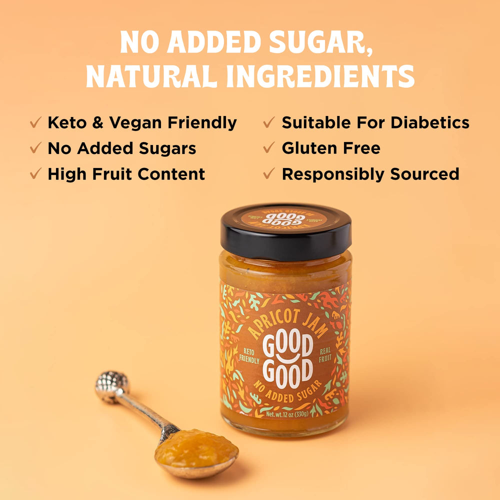 Good Good Apricot Jam jar with spread ready for a quick, low-sugar breakfast.