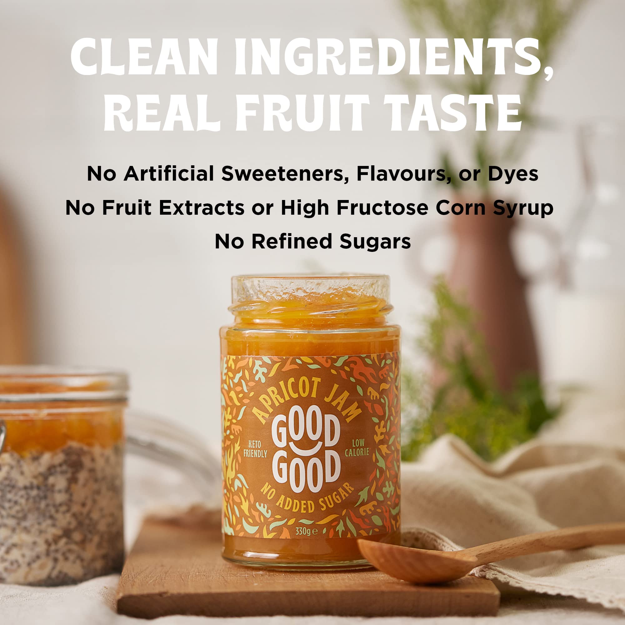 Good Good Apricot Jam label and jar on kitchen counter, inviting healthy, low-sugar choices.