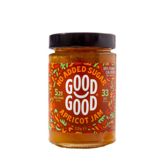 Good Good Apricot Jam no added sugar jar showcases bright apricot color and fruit-forward aroma on toast.