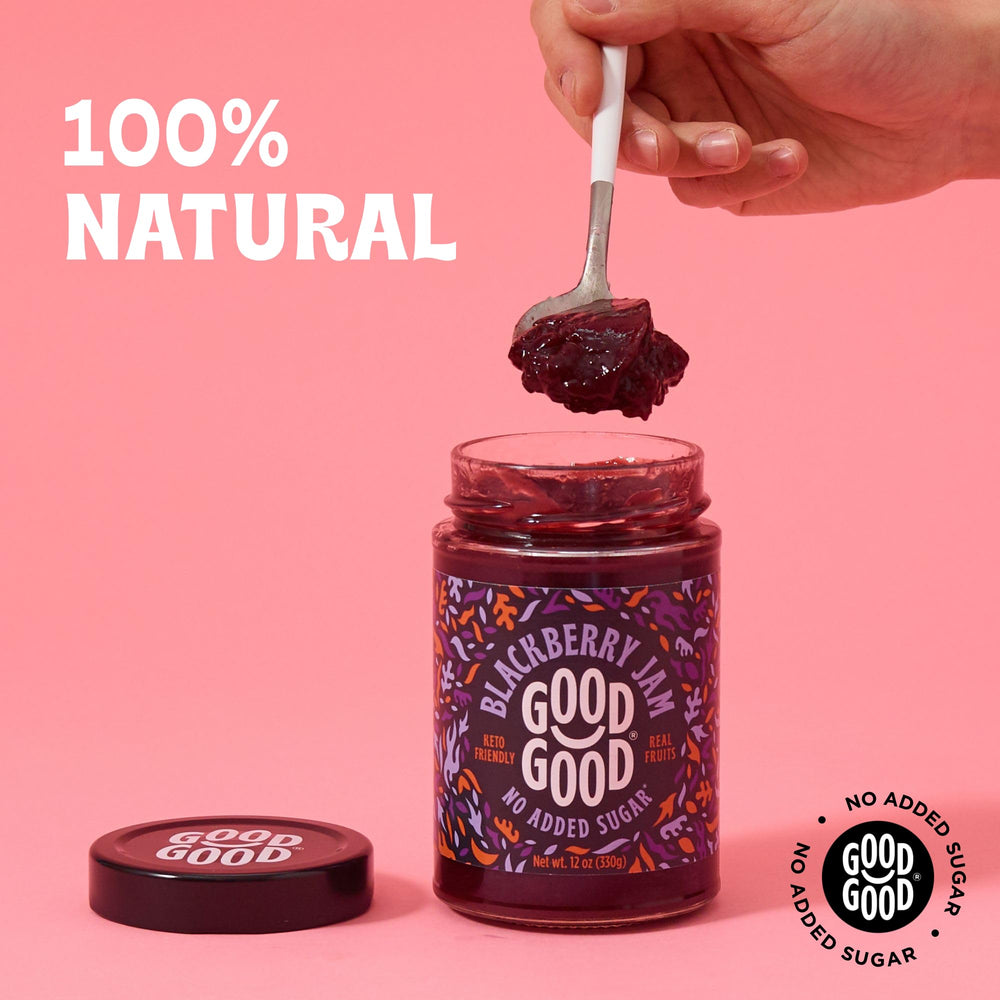 Good Good Blackberry Jam packaging and ingredients reveal Non-GMO Verified, real fruit quality.