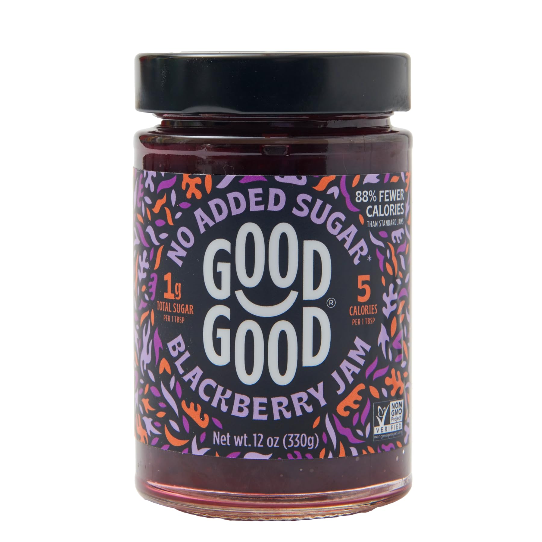 Good Good Blackberry Jam jar close-up shows vibrant fruit color and no added sugar.