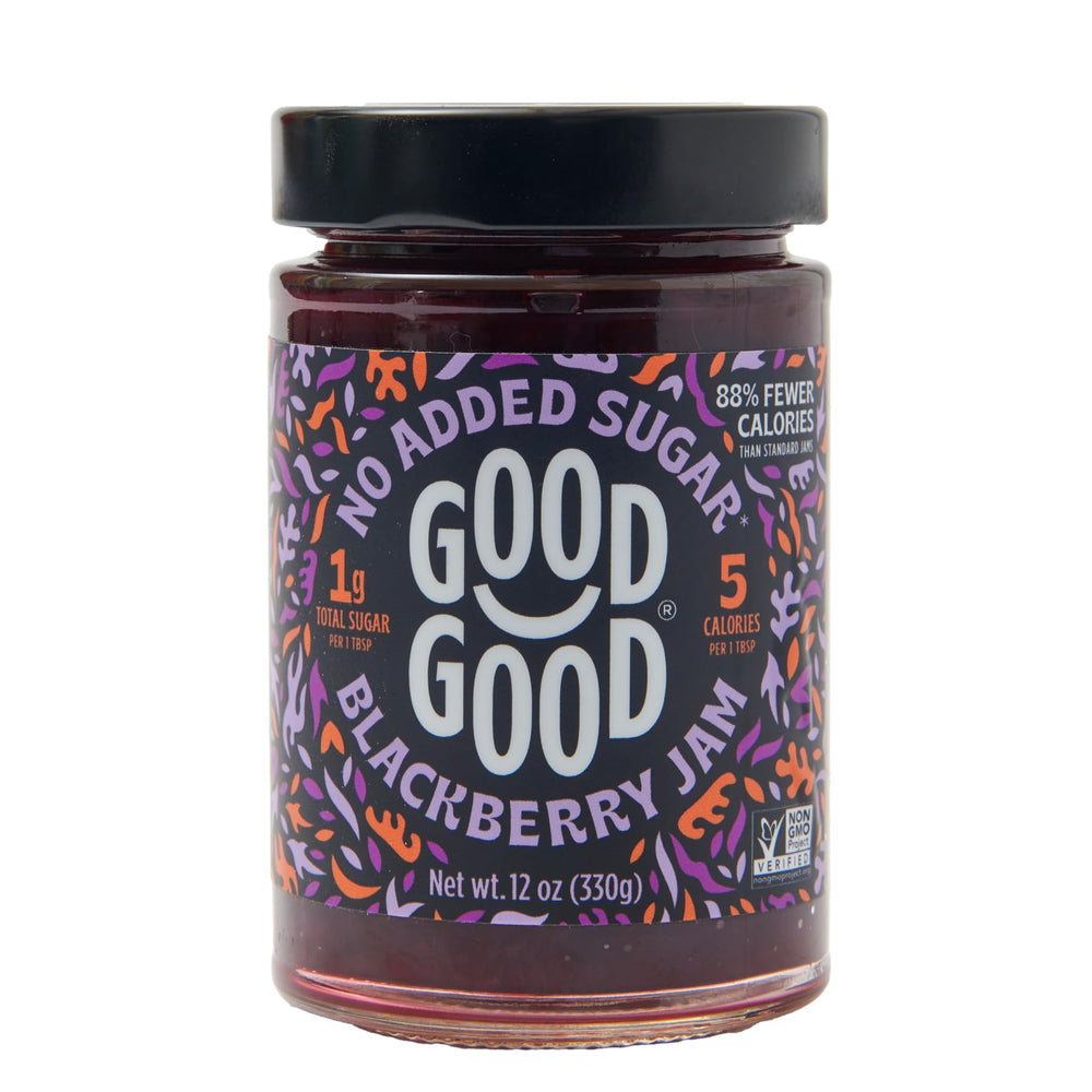 Good Good Blackberry Jam jar close-up shows vibrant fruit color and no added sugar.
