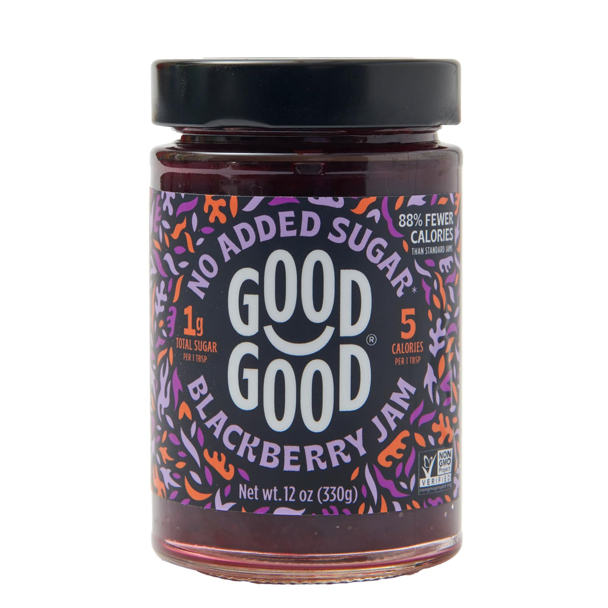Good Good Blackberry Jam jar close-up shows vibrant fruit color and no added sugar.