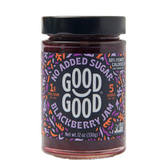 Good Good Blackberry Jam jar close-up shows vibrant fruit color and no added sugar.