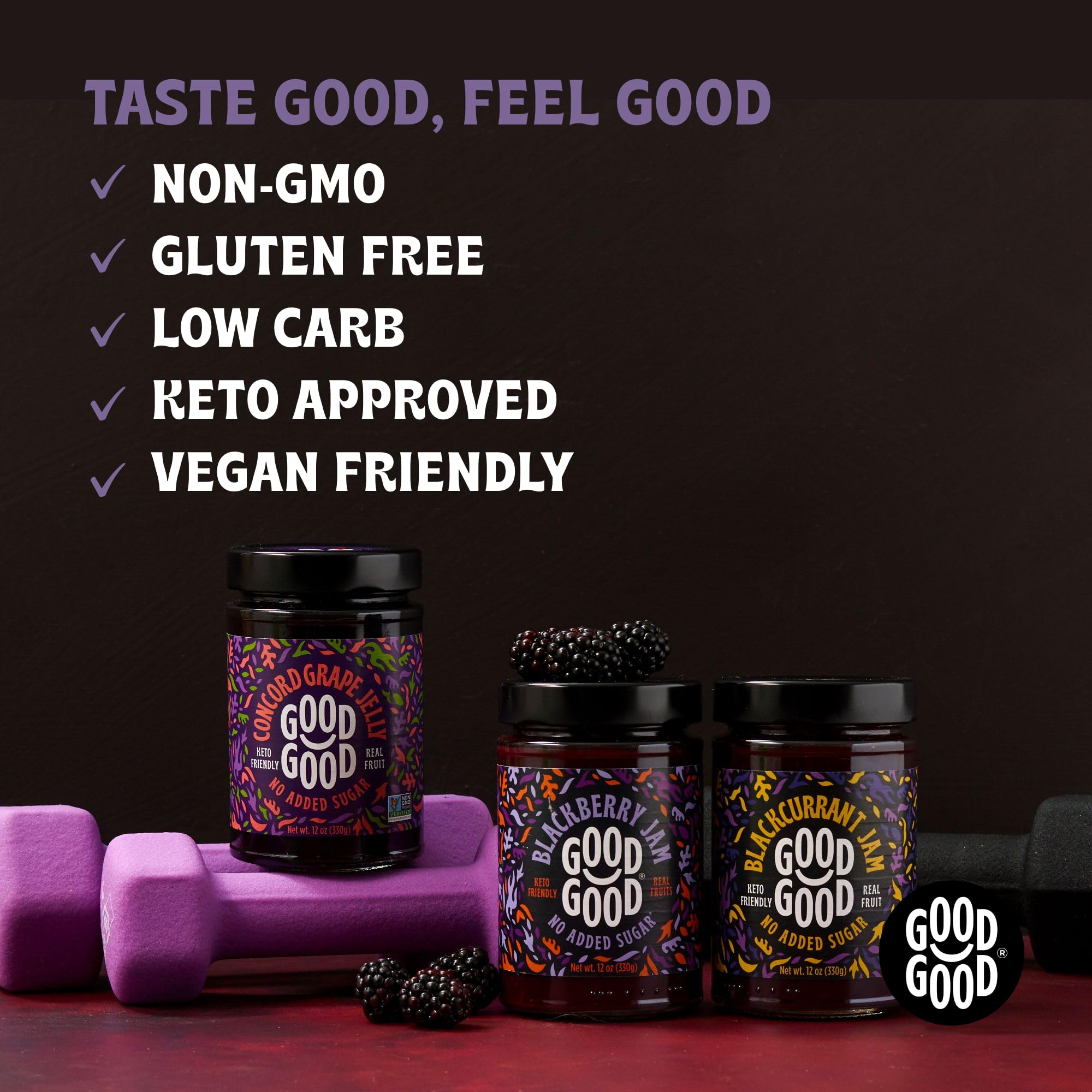 Good Good Blackberry Jam label close-up featuring Non-GMO badge and clean ingredients.