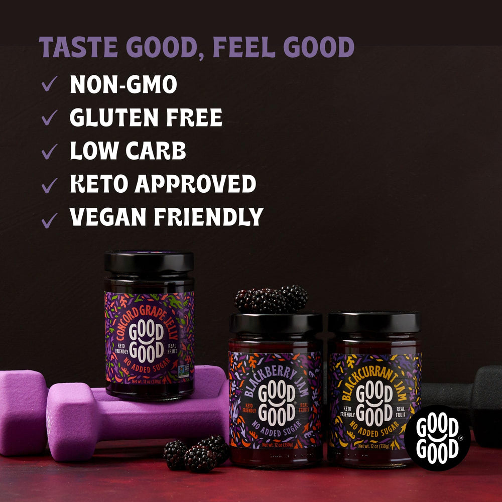 Good Good Blackberry Jam label close-up featuring Non-GMO badge and clean ingredients.