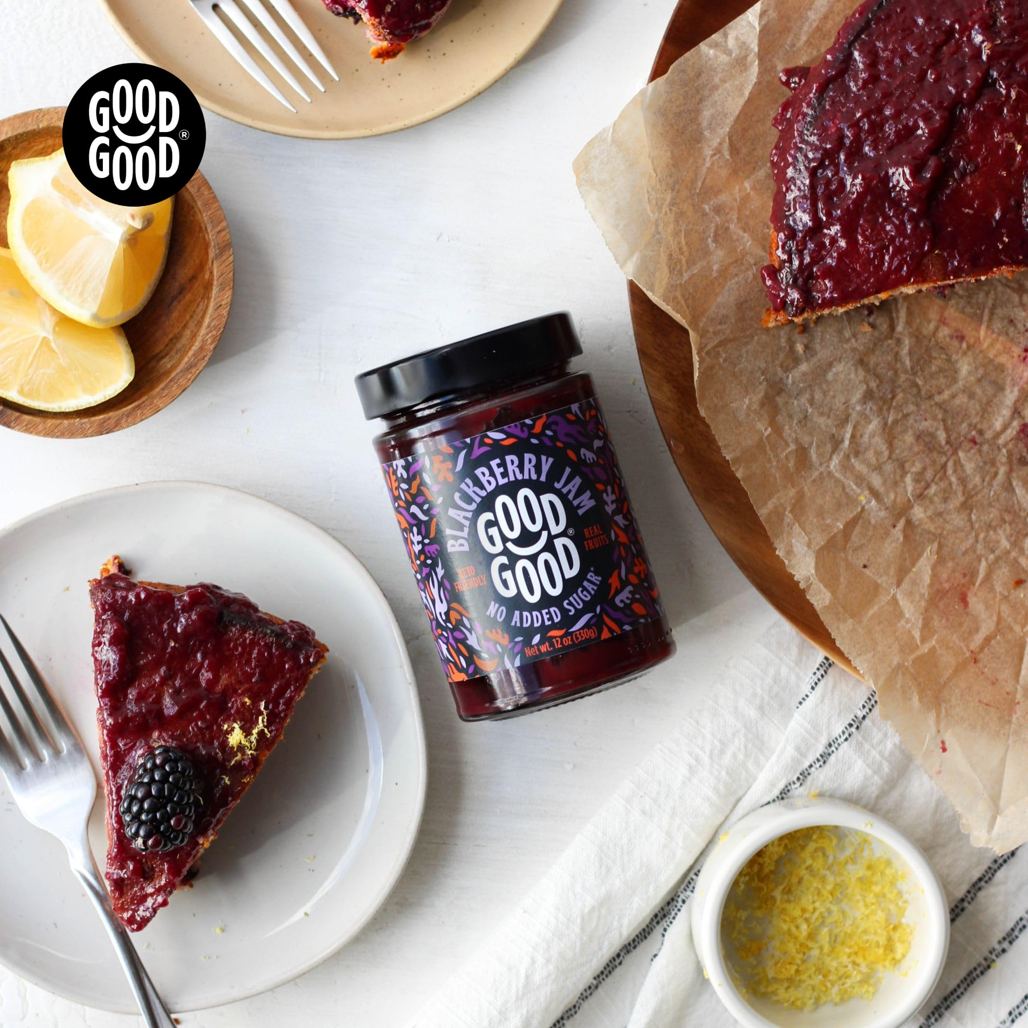 Good Good Blackberry Jam with yogurt bowl suggests versatile, diabetic-friendly dessert idea.