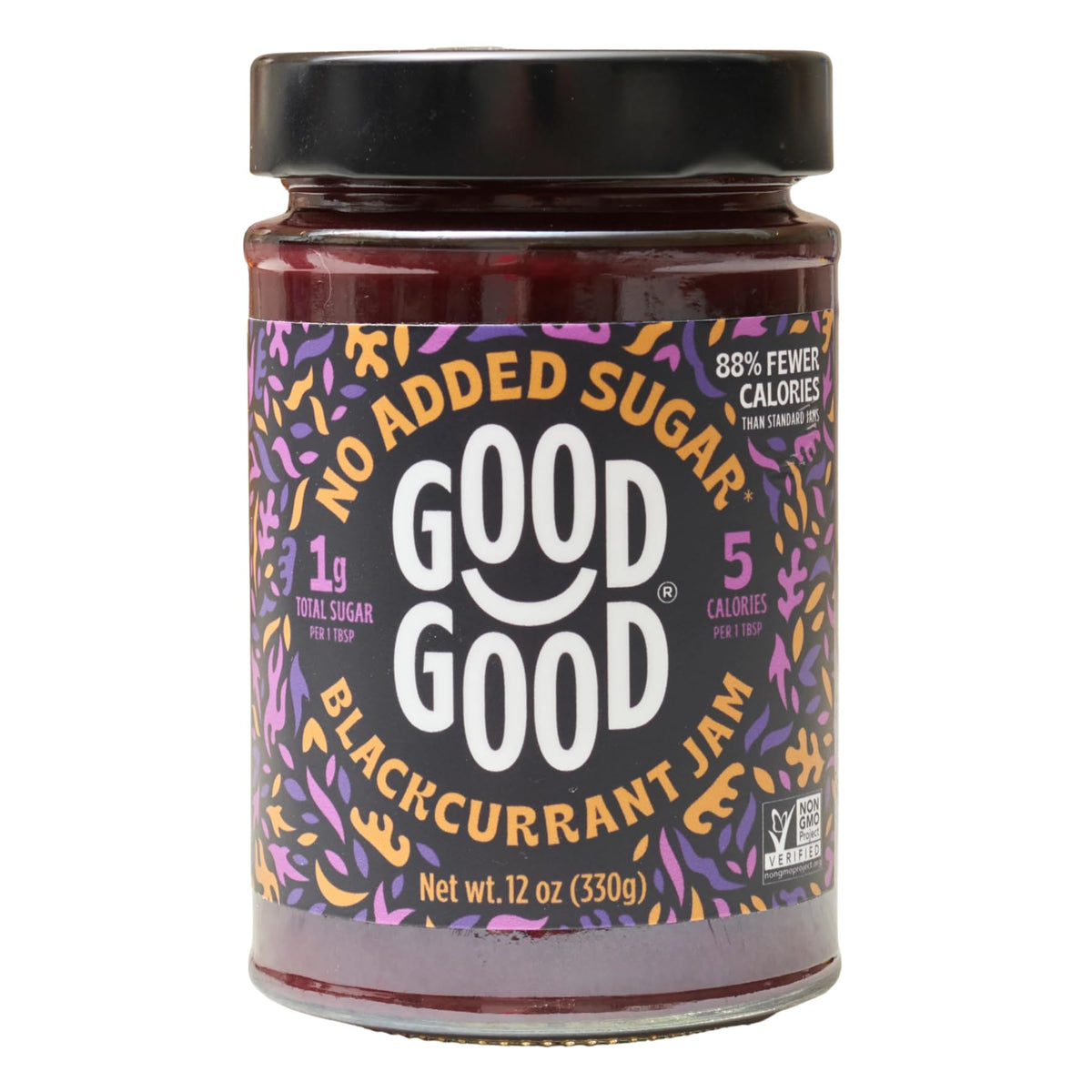 GOOD GOOD Blackcurrant Jam jar on shelf showing no added sugar and rich fruit flavor.