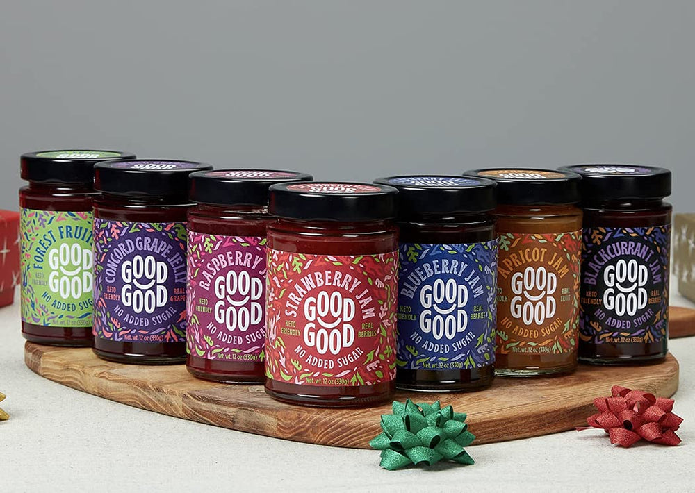 GOOD GOOD Blackcurrant Jam on a breakfast plate suggests gluten-free, vegan-friendly morning spread.