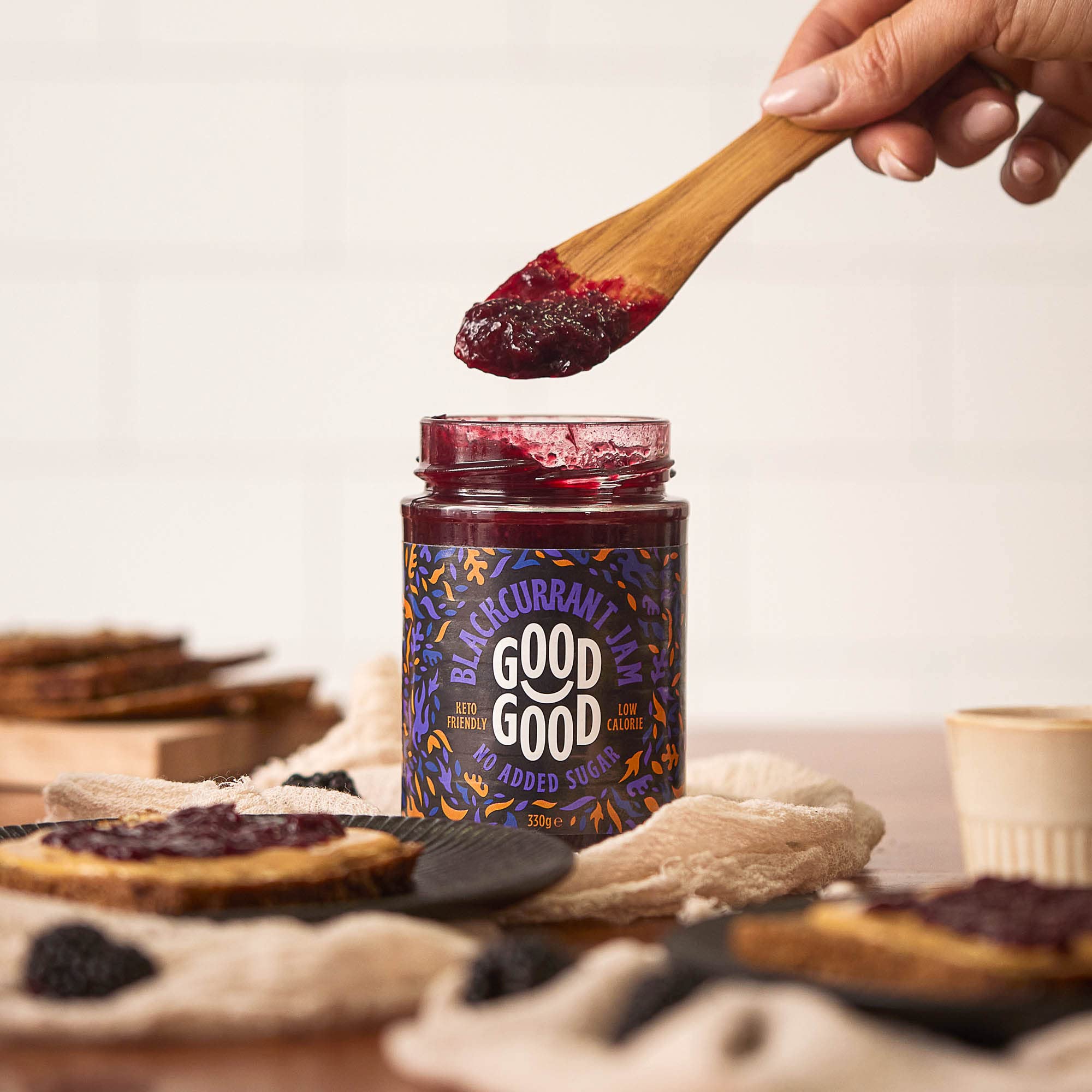 GOOD GOOD Blackcurrant Jam label close-up shows vegan and gluten-free appeal.