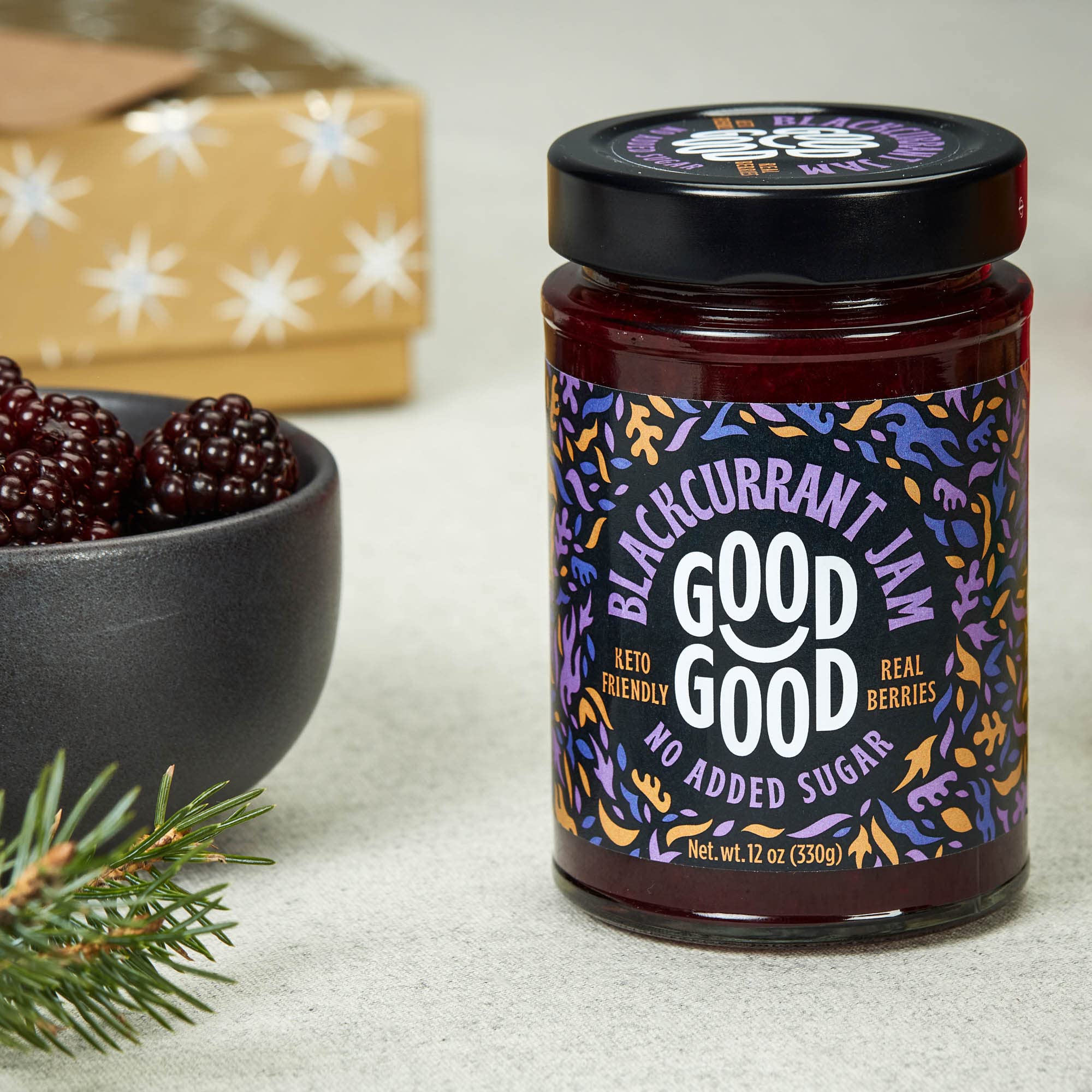 GOOD GOOD Blackcurrant Jam spread on toast highlights low-calorie, keto-friendly sweetness.