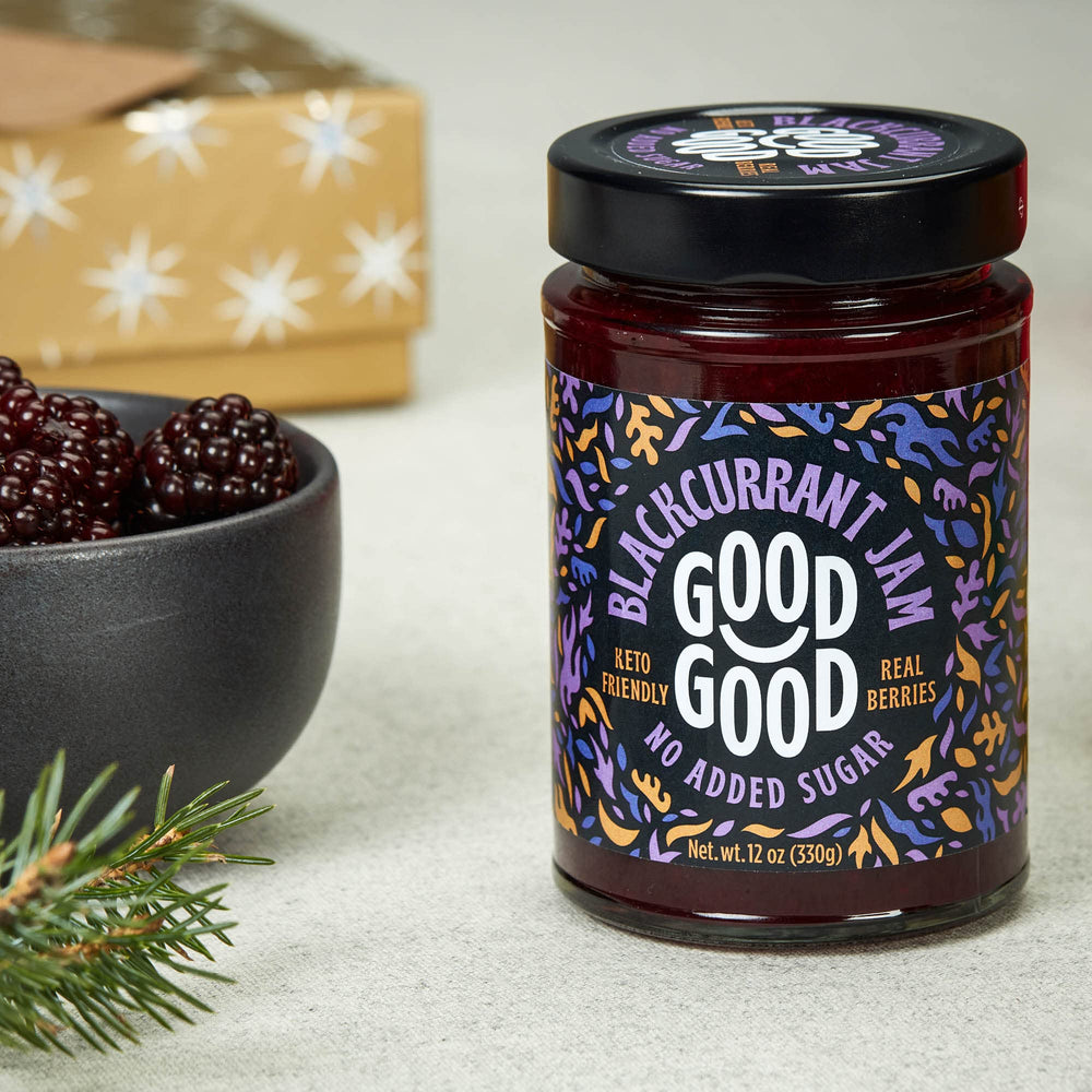 GOOD GOOD Blackcurrant Jam spread on toast highlights low-calorie, keto-friendly sweetness.