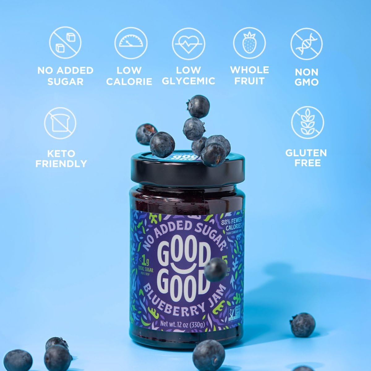 Good Good Blueberry Jam with berries and spread ready for toast topping