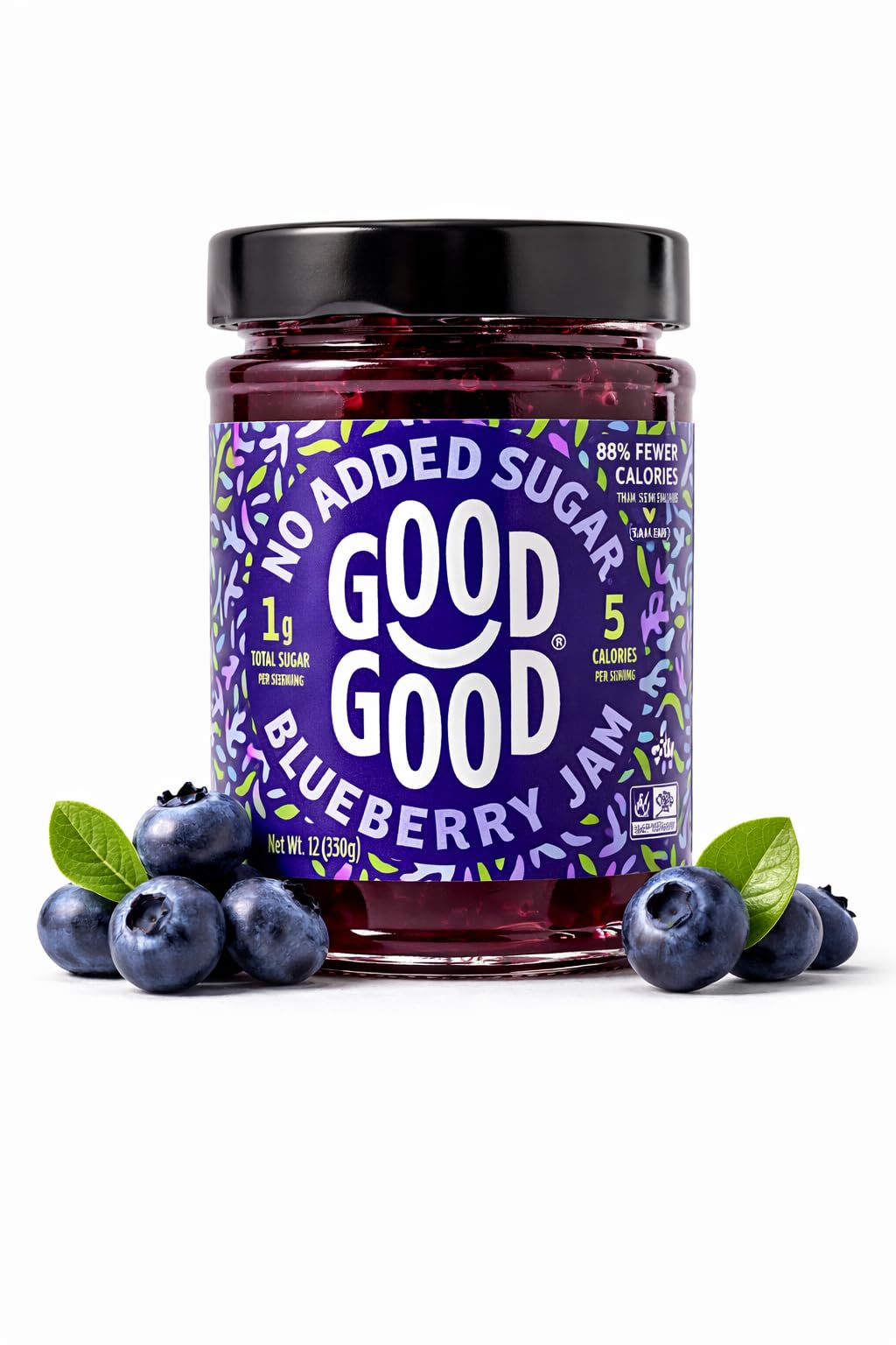 Good Good Blueberry Jam jar close-up highlighting real fruit flavor with no added sugar