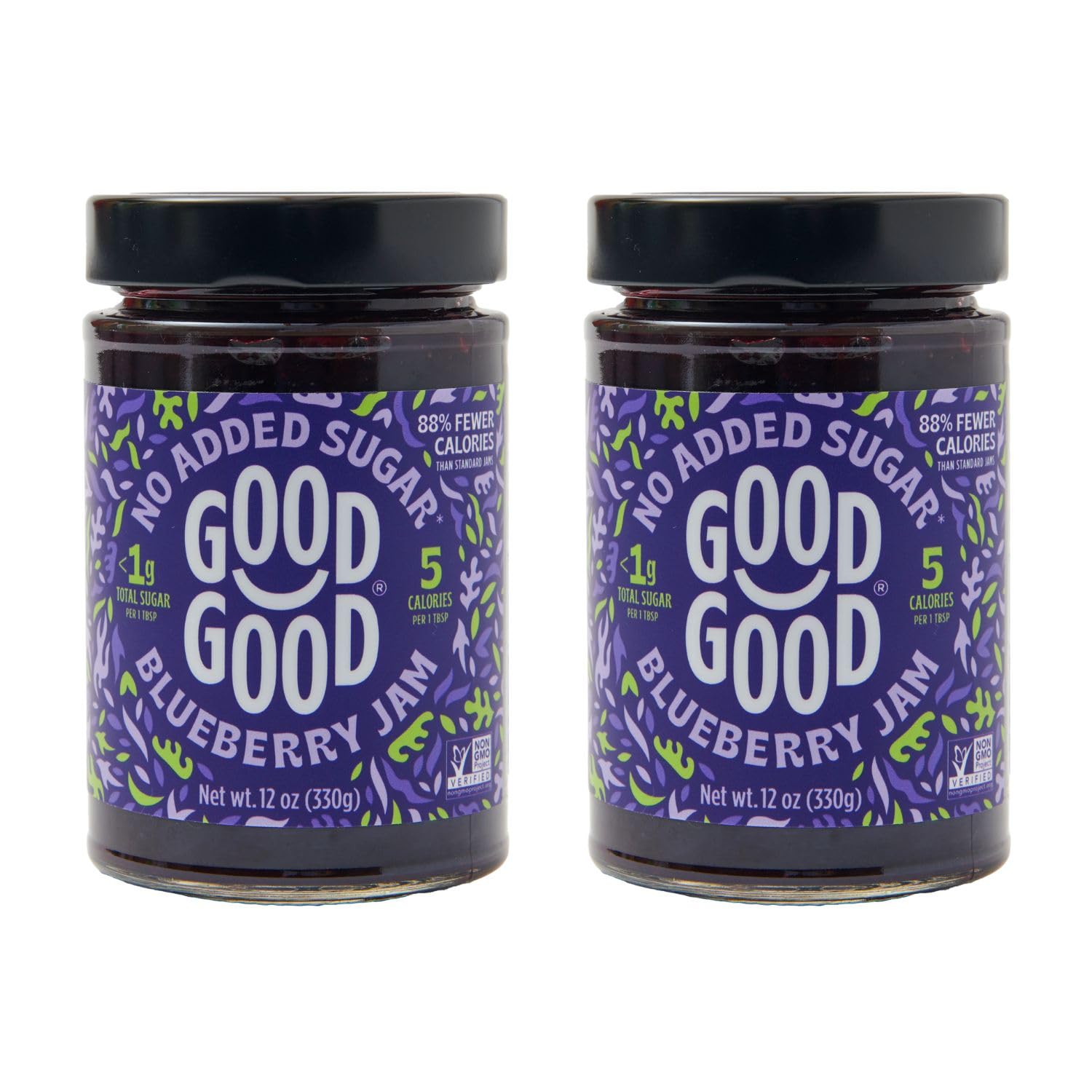 Good Good Blueberry Jam jar on shelf showing bold fruit and no added sugar.