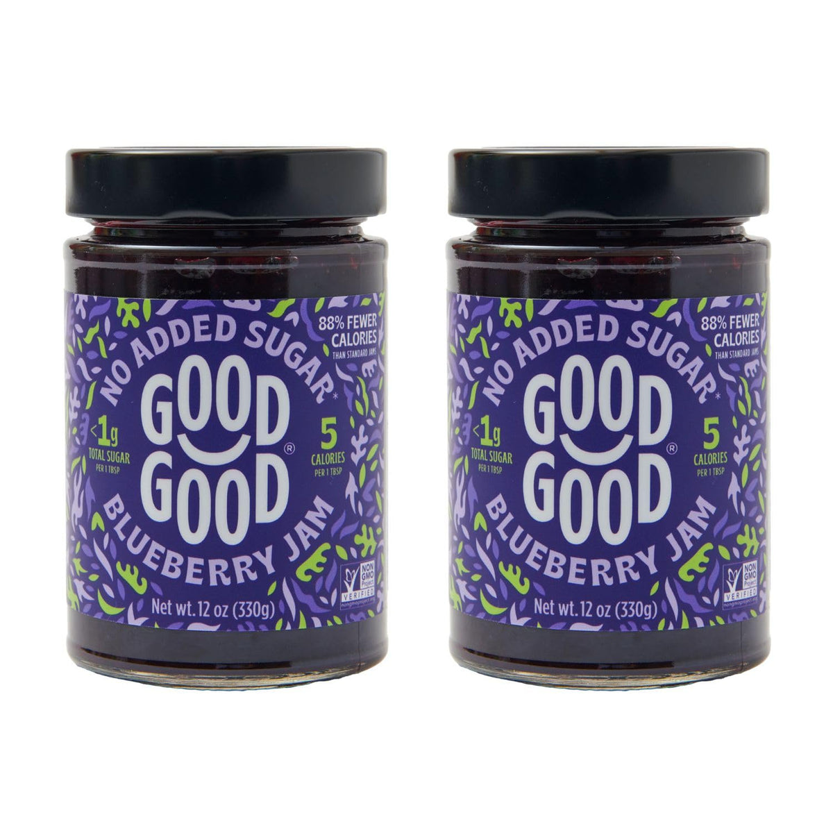 Good Good Blueberry Jam jar on shelf showing bold fruit and no added sugar.