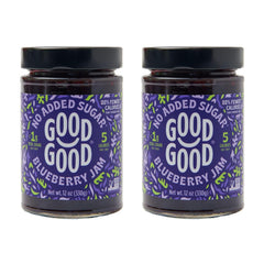 Good Good Blueberry Jam jar on shelf showing bold fruit and no added sugar.