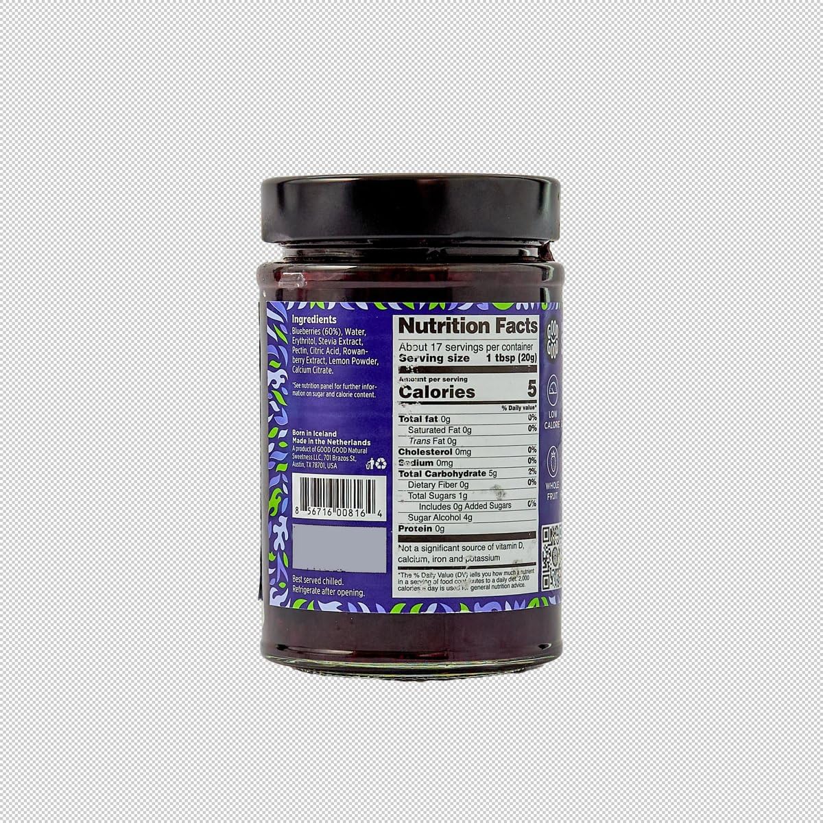 Good Good Blueberry Jam label on jar emphasizes vegan, gluten-free ingredients