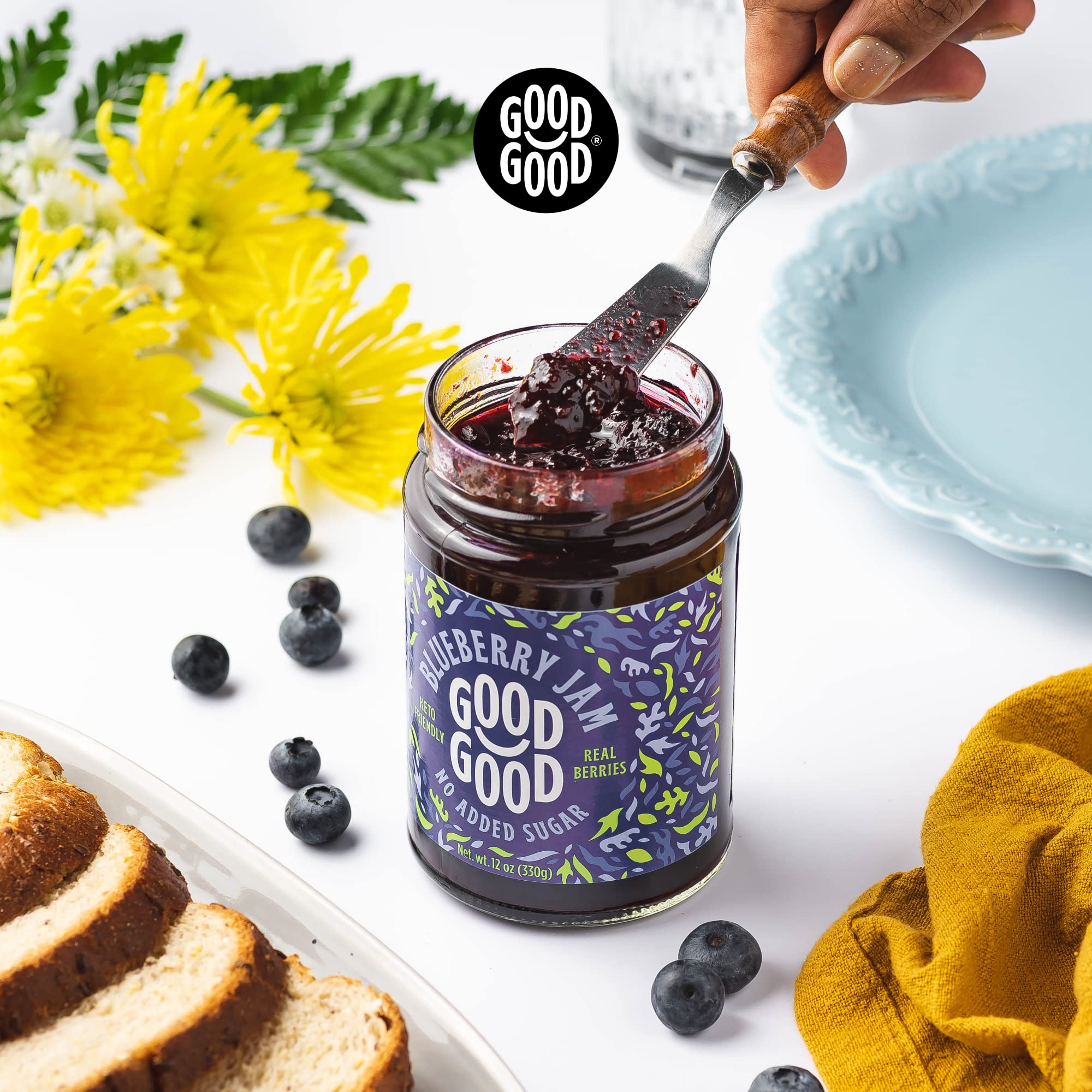 Two-pack packaging of Good Good Blueberry Jam for pantry convenience.