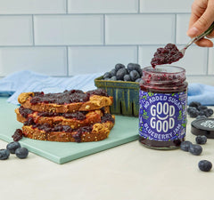 Good Good Blueberry Jam spread on toast, a keto-friendly low-calorie option