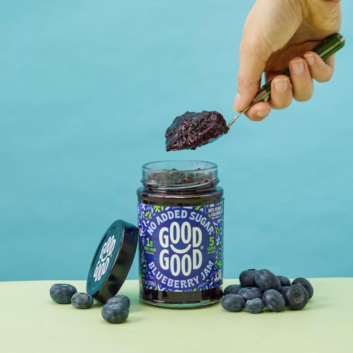 Good Good Blueberry Jam vegan gluten-free icon signals clean, plant-based spread choice