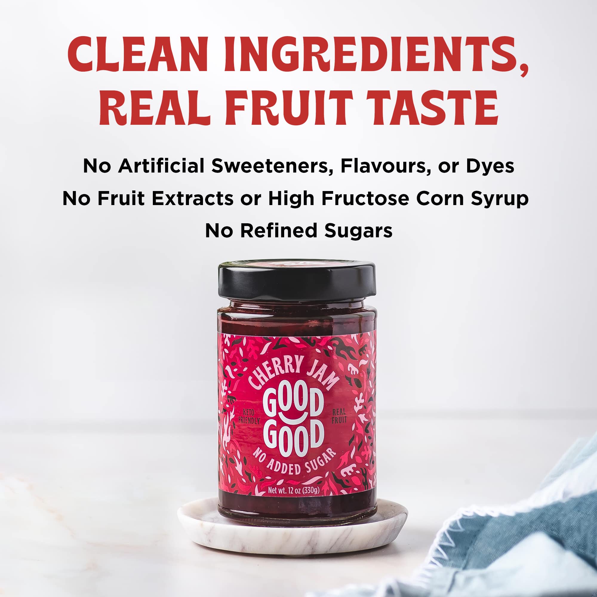 Good Good Cherry Jam bottle on shelf emphasizes gluten-free and vegan friendly claim