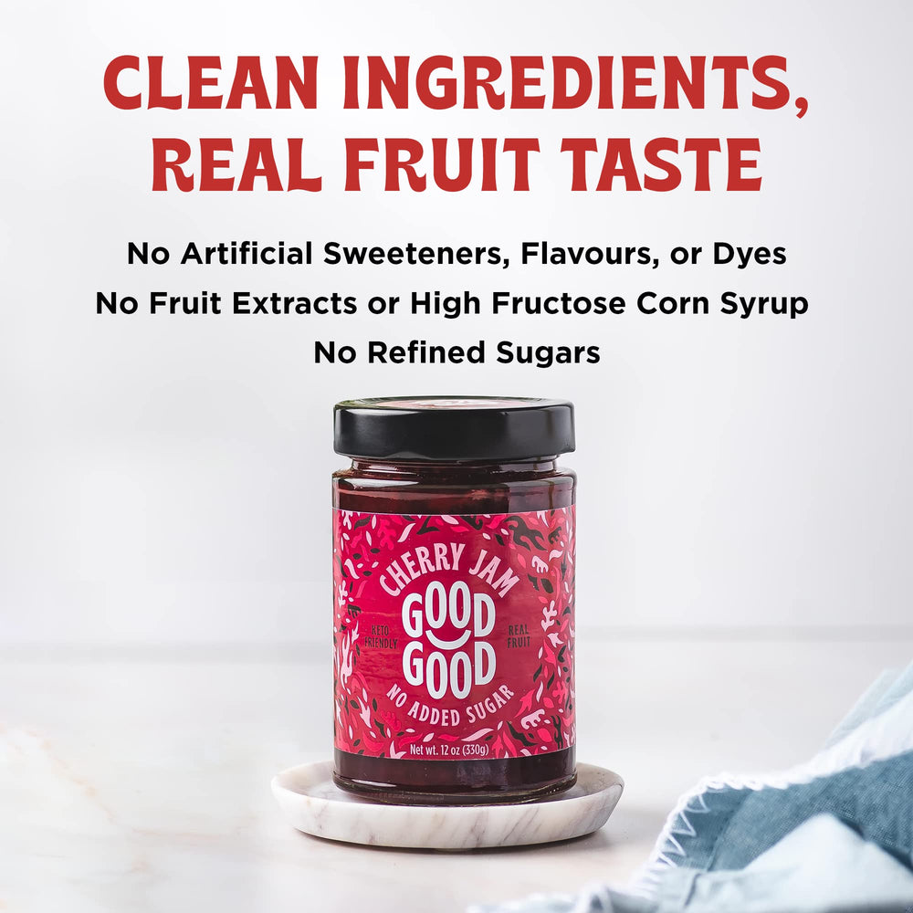 Good Good Cherry Jam bottle on shelf emphasizes gluten-free and vegan friendly claim