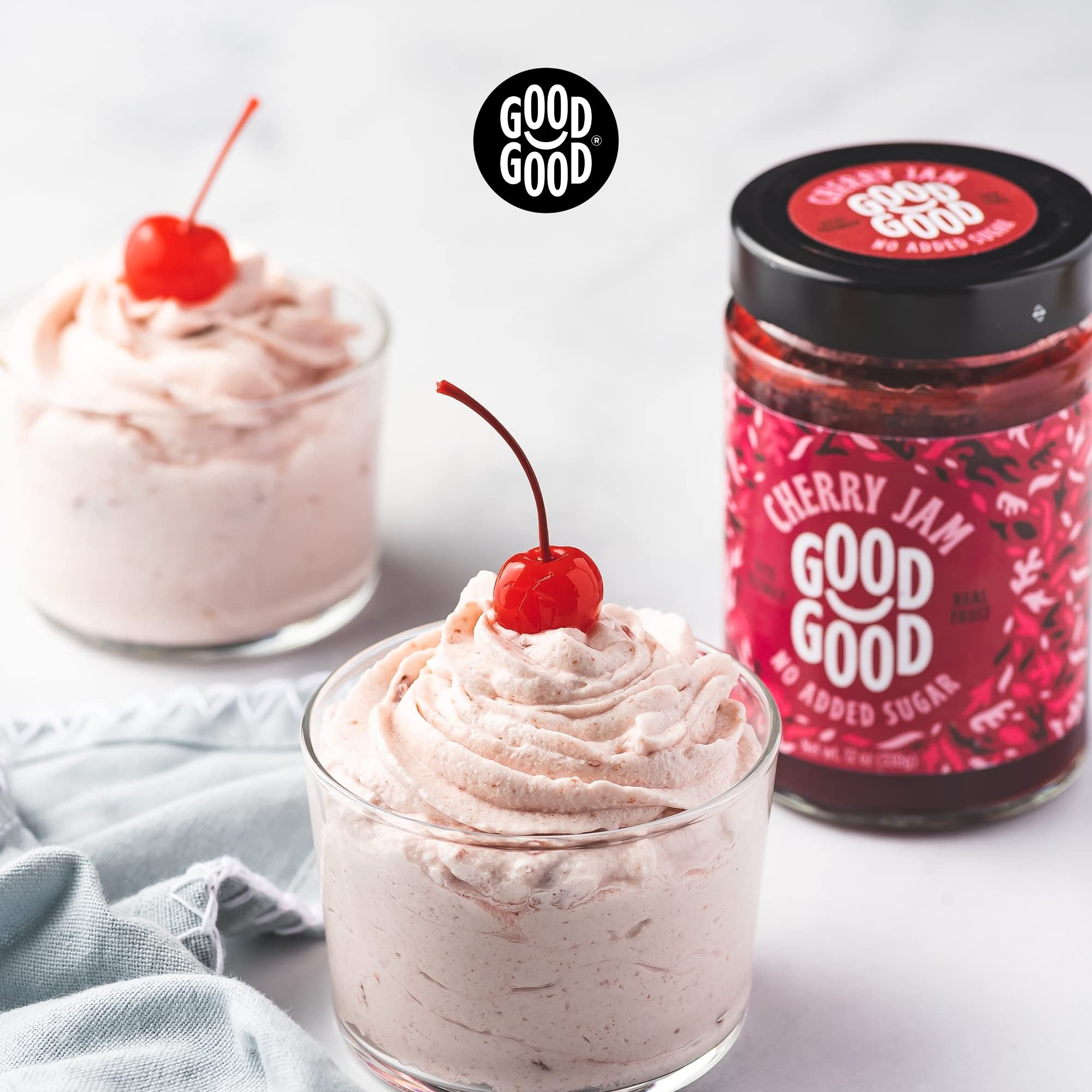 Good Good Cherry Jam glass bottle side view for versatile breakfast spreads