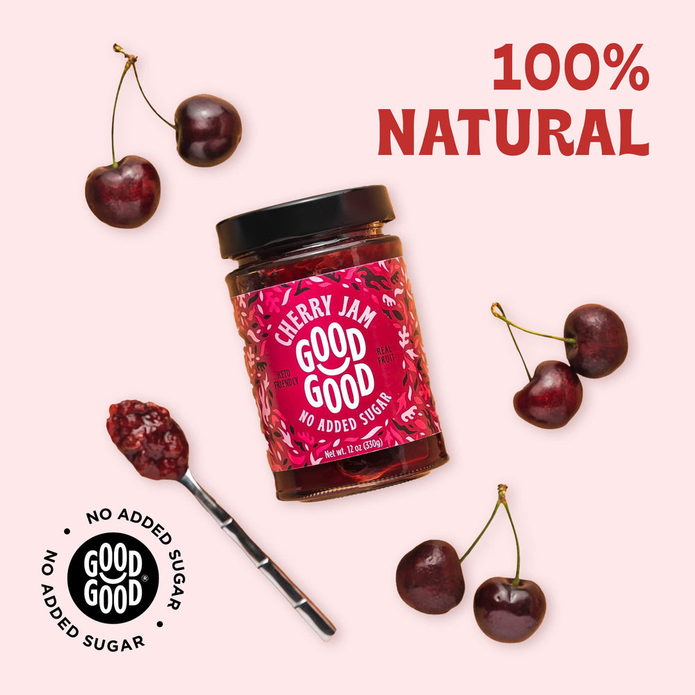 Good Good Cherry Jam ingredients closeup highlighting real fruit and natural sweeteners