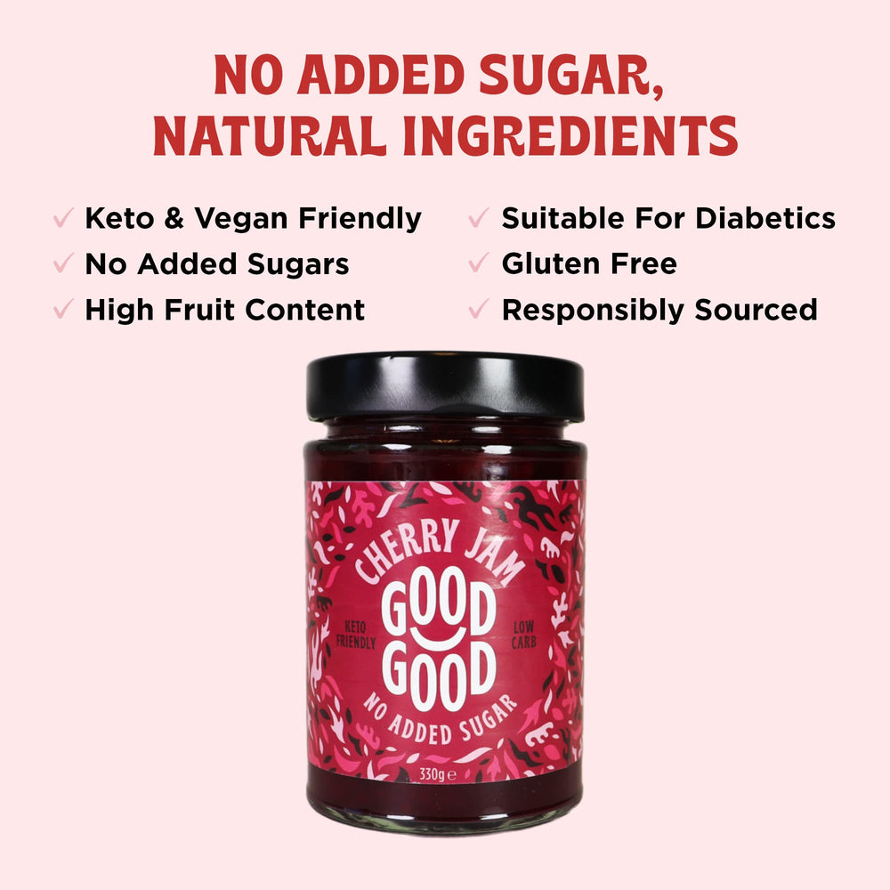Good Good Cherry Jam spoon filled jar showcasing natural sweetness