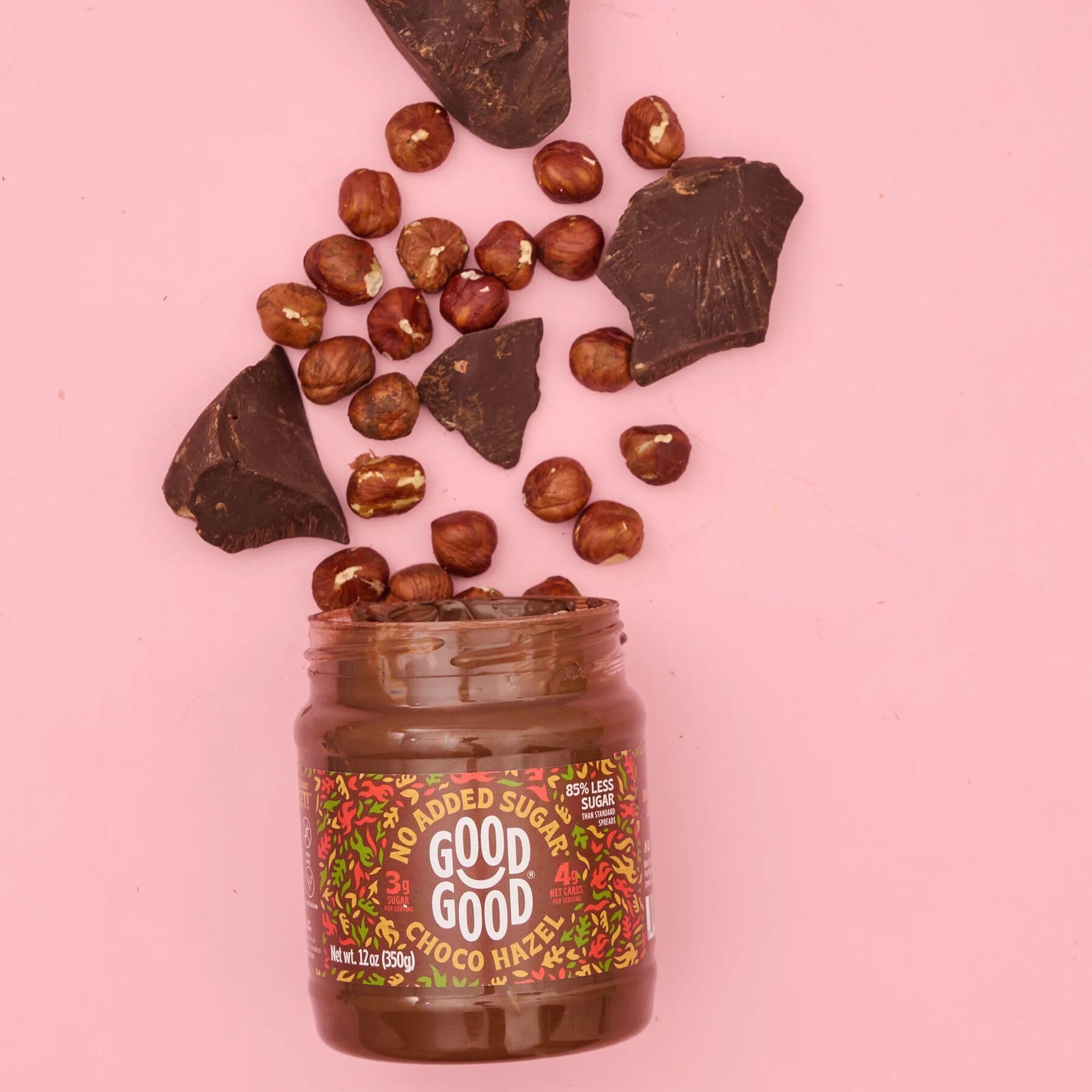 Good Good Choco Hazel Spread ingredients scene features hazelnuts and cocoa